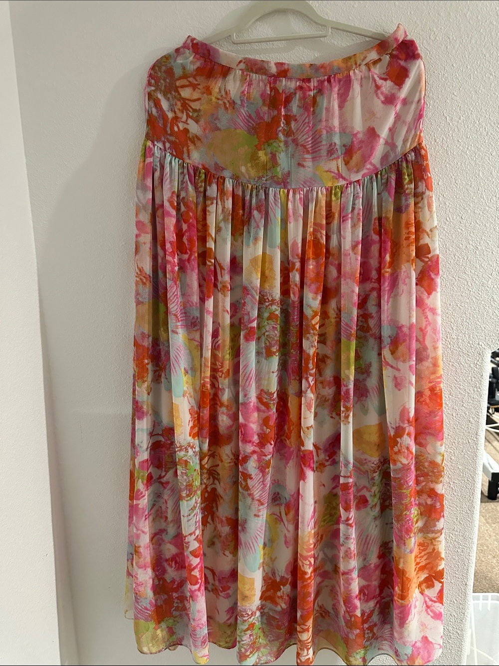 Boston Proper Pink Orange Green Watercolor Floral Pleated Maxi Skirt